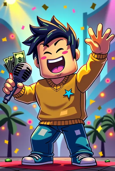 Make a roblox noob yellow with blue, holding a microphone in his hand, singing and with a wad of money in the other hand, All drawn in cartoon style and very colorful