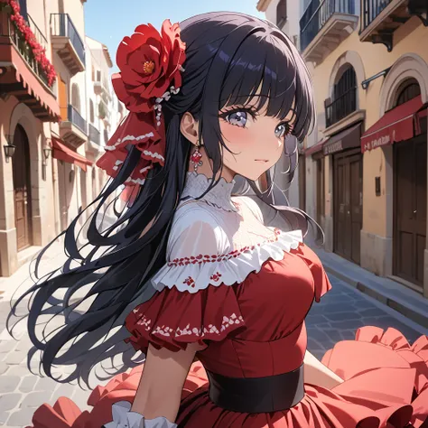 ((Highest quality)), ((masterpiece)), (detailed), （Perfect Face）、The woman is Reika Aoki with semi-long hair、Woman wearing flamenco dress in Spain