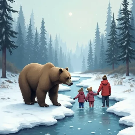 no human, snow, river, brown bear, mother and children,