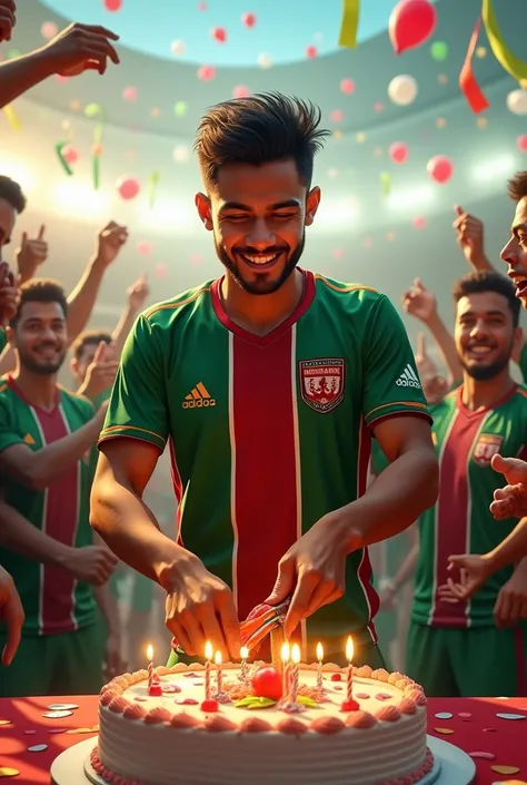 Sumit rathi cutting cake on his birthday in mohunbagan jersy