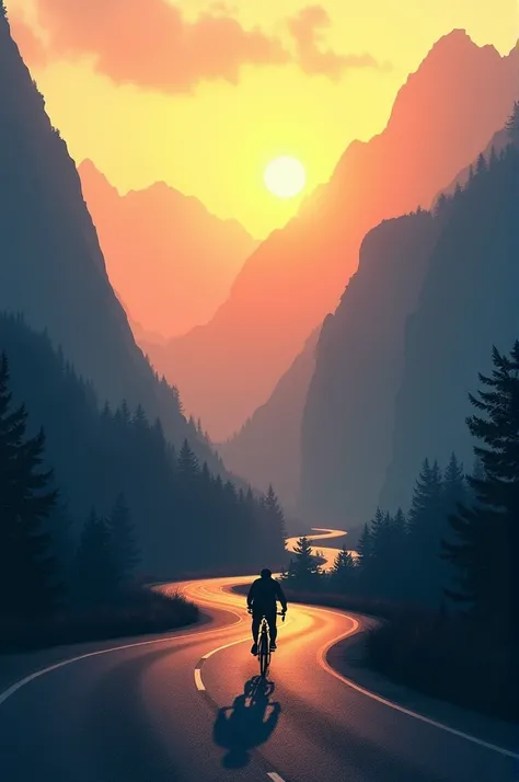 A road with mountain and cycle with man sunset only show shadows 