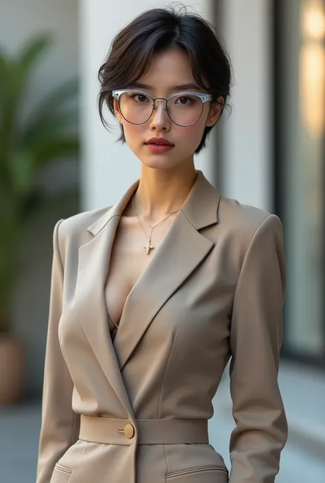 A GIRL WEARING SUIT WITH TRANSPARENT GLASSES 