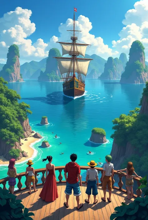 A big island with A ship watching Straw hat All members Zoro,Luffy,Nami,Usopu,Sanji, Cooper
