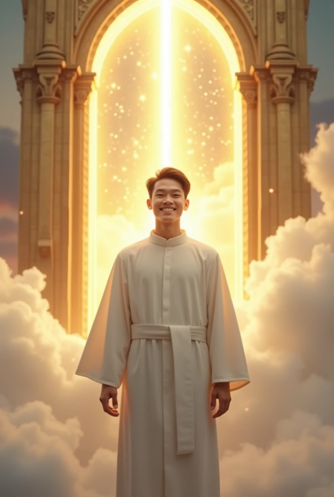 Make me a photo of an Indonesian man in his 20s wearing a Catholic white robe, with the background of 2 golden gates of heaven above the clouds, very realistic, photo taken using a Nikon camera, his face smiling looking at the camera, His entire face robed...