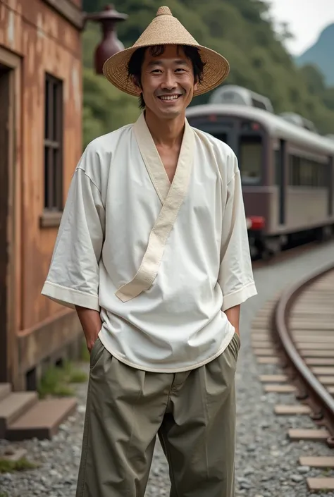 1man, solo, (realistic:2.0), (real photo:2.0), masterpiece, best quality, natural skin texture, asian man, photo realistic,

A Japanese, dress, translucent woven straw hat , light smile, mountain, (old train station:1.2), (rust marks:1.2), cave, train, rai...