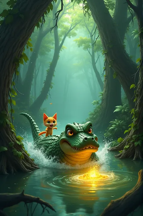 Once upon a time in a lush, mystical swamp, there lived a clever, agile cat named Whiskers and a formidable alligator named Gator. Whiskers had recently ventured into the swamp on a quest to find the legendary Golden Fish said to grant a single wish to its...