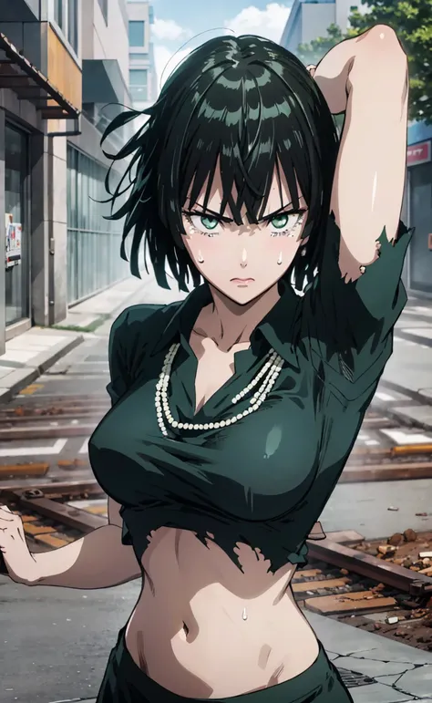 
(((pixel-perfect, detail-perfect))), solo, 1girl, fubuki,collared dress, collarbone, necklace, looking at viewer, Closed mouth、Torn clothes、Sweat、belly button、Upper body naked、blush、Embarrassing、Whiplash tracks、regrettable、it hurts、tears、Ruined City、Dust ...