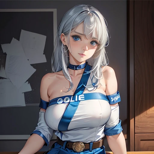 Ultra-high resolution, Ultra-high resolution, Ultra-high resolution, Ultra-high resolution, Awards, Attention to detail, Simple Background, masterpiece, Great illustrations, incomplete、Busty female police officer,Silver Hair、Bold off-the-shoulder uniform,E...