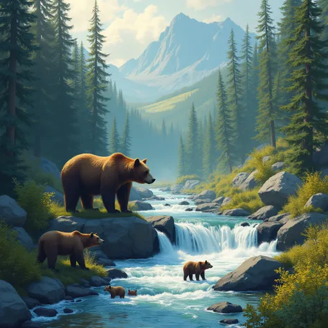 no human, fall, river, a large brown bear and small bears,