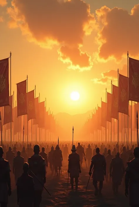 Scene 1: The Setting
 * Prompt: Depict the vast expanse of the Kurukshetra battlefield, bathed in the golden light of dawn. Show the towering flags and banners of the two armies, creating a sense of grandeur and anticipation. 16:9