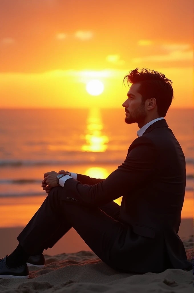 Sexy brunette man in suits sitting on the beach watched the sunrise 