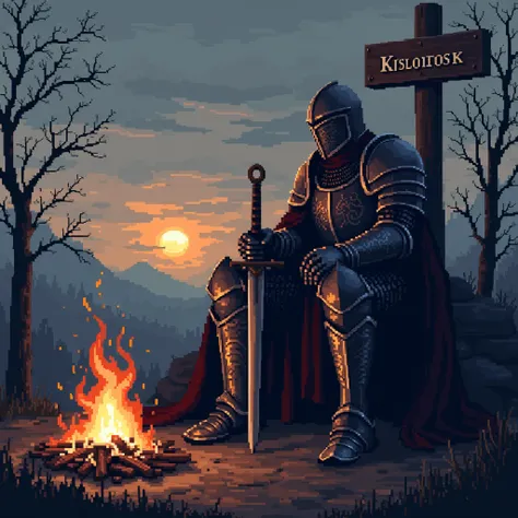 Very early in the morning, when the sun rises, near the sign with the inscription"Kislovodsk",knight in dark medium-heavy armor and helmet with long sword in both hands sits by fire in gothic style pixel art