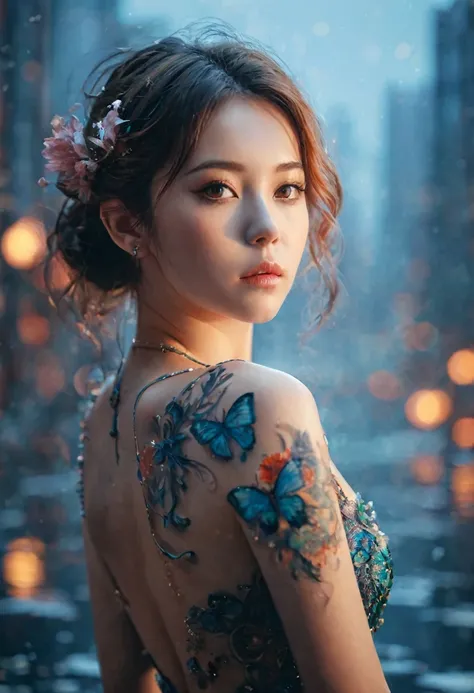 nude,plot,masterpiece, (best quality), ((best details)), depth of field, a beautiful girl, beautiful脸蛋, nature, , flowering, colorful scenery, flowers, butterfly, Radiant dresses, elements, Future city、Tokyo night view、empty machine car、night、Many battles ...