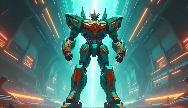 Anime style, Giant Robot, A mint and orange superhero like Zeus　universe, Battleship,