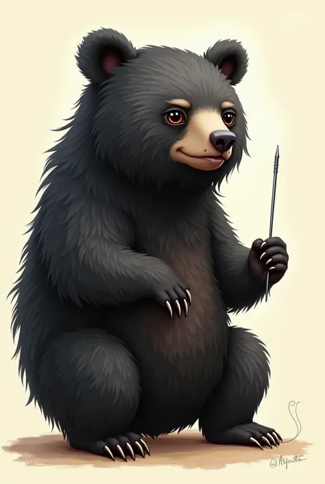 Sloth bear drawing, holds a sewing needle