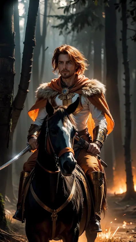 A male warrior ginger hair riding on a hors, holding A sword with both hands, illuminated by a fiery orange aura that highlights intricate golden designs on the blade and hilt; rugged expression, dark tousled hair flowing freely, clad in elaborate metallic...