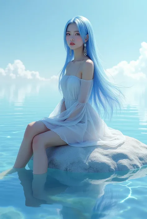 A woman with long, straight blue hair. She is sitting on a silver rock, like the crown and the pointed earrings in your ear. His eyes are also silver. The tips of her long blue strands blend with the blue water beneath the stone.. Background, there is a cl...