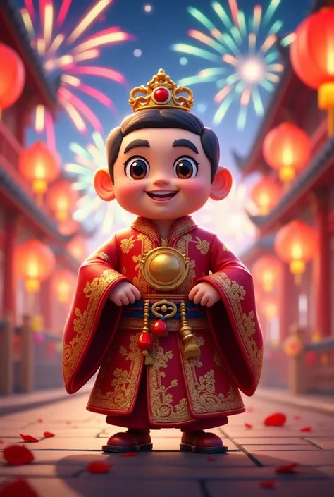 Edgar, from Brawl Stars, our beloved hero, stands in the middle of a dazzling Lunar New Year celebration.. He wears a red silk robe decorated with intricate gold embroidery, and a small crown on his head that reflects the sparkle of gold.. His wide eyes sh...