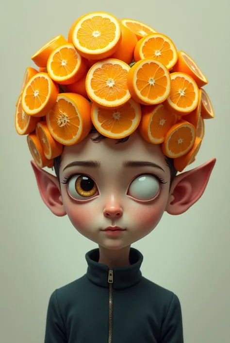 A man with one eye,1 lỗ tai,brain made of smiling oranges