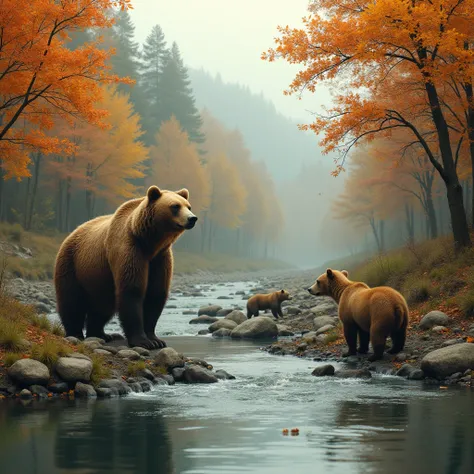 no human, autumn, fall, river, a large brown bear and small bears,