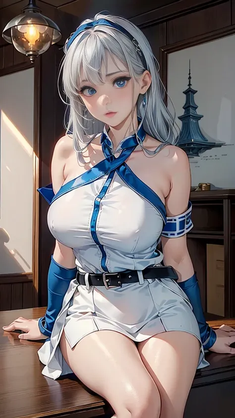 Ultra-high resolution, Ultra-high resolution, Ultra-high resolution, Ultra-high resolution, Awards, Attention to detail, Simple Background, masterpiece, Great illustrations, incomplete、Busty female police officer,Silver Hair、Bold off-the-shoulder uniform,E...