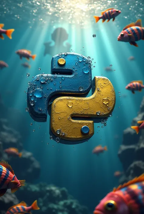 python programming logo under the water and inside the water number of coloured fishes in it and back side of log it have one dangerous devil