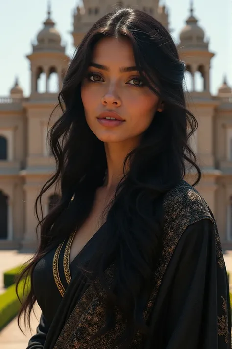 A beautiful woman wearing a black saree and silky hair in front of palace 