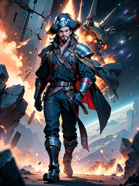 Space action movie poster. Best quality, masterpiece, a high resolution, One, One focus, 1 boy, mature man, black hair, Red eyes, (perfectly drawn face), facial hair, (Long sleeves, Pirate Costume, pirate hat, Pirate boots), space background, standing on t...