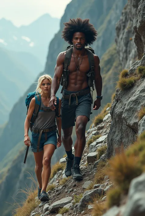 Edit a photo depicting a young black man, Afro-descendant with afro-style hair walking with a , blonde and blue eyes, climbing a steep and obstacle-filled mountain, illustrating the text: