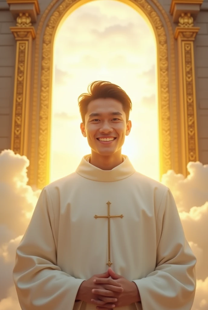 Make me a photo of an Indonesian man in his 20s wearing a Catholic white robe, with the background of 2 golden gates of heaven above the clouds, very realistic, photo taken using a Nikon camera, his face smiling looking at the camera, His entire face robed...