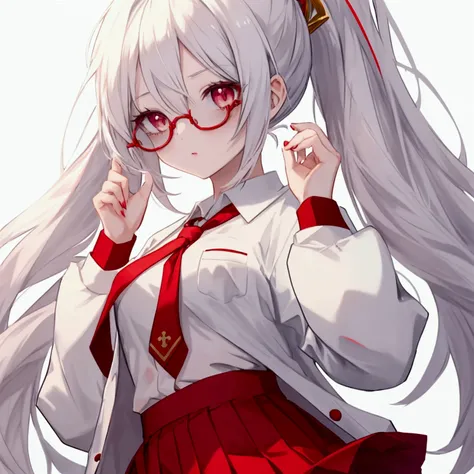 (Masterpiece) (Anime Girl, 1girl) (Detailed) She has a Pale And Flawless Skin, She has a Long White Hair, Ponytail, Red-ish Gold Eyes, For her outfit she wear a School Uniform which a White Shirt, Red Tie, School Sweater and a Black Short Skirt and a Glass...