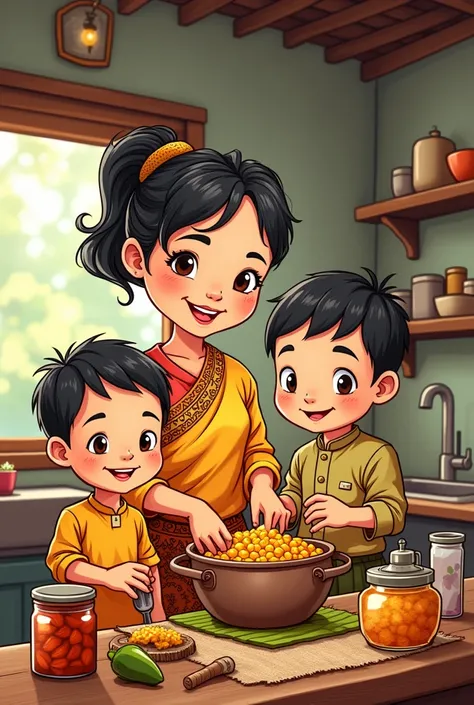 A cartoon image logo 
of Myanmar mother and  and  boys making pickled mustard
