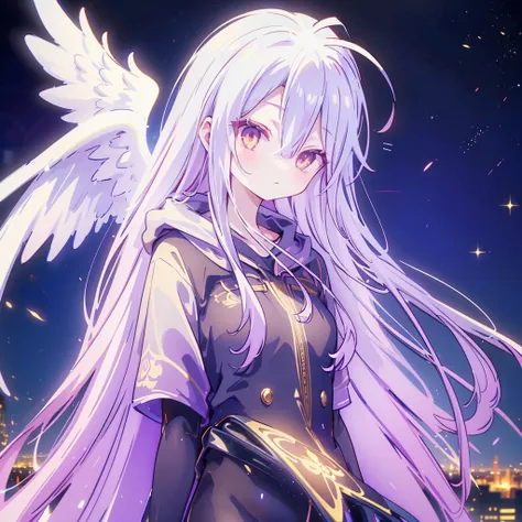 This image depicts an angel woman hovering over a city at night.. City lights create a golden and dramatic atmosphere, Its exquisite shape and black wings contrast sharply with the urban environment. The woman seemed very protective and vigilant.