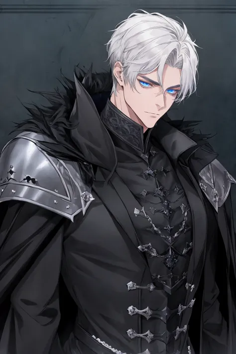 Magic Knight,White Knight ((Male)) One short-haired guy, Wearing heavy black armor((Black Armor)),black top hat,((black long coat)), ((all black)), (blue eyes) , handsome , Facial expressions,Carrying a sword,Black sword handle, black knight armor , black ...