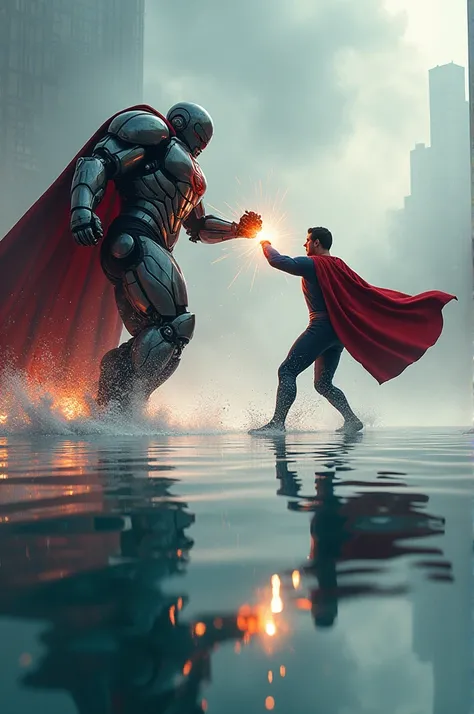 Robot vs superman fight on water pool 