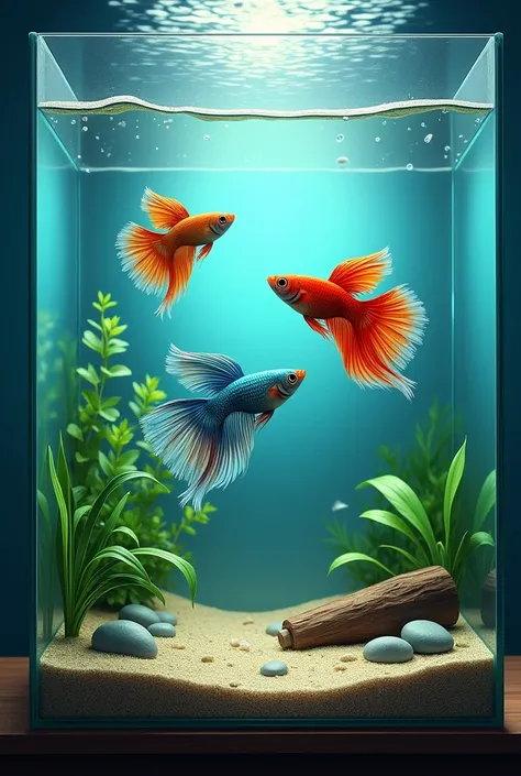 3 multi-colored guppy pieces, in a large square fish tank, with aquatic plants, a small log and stones.