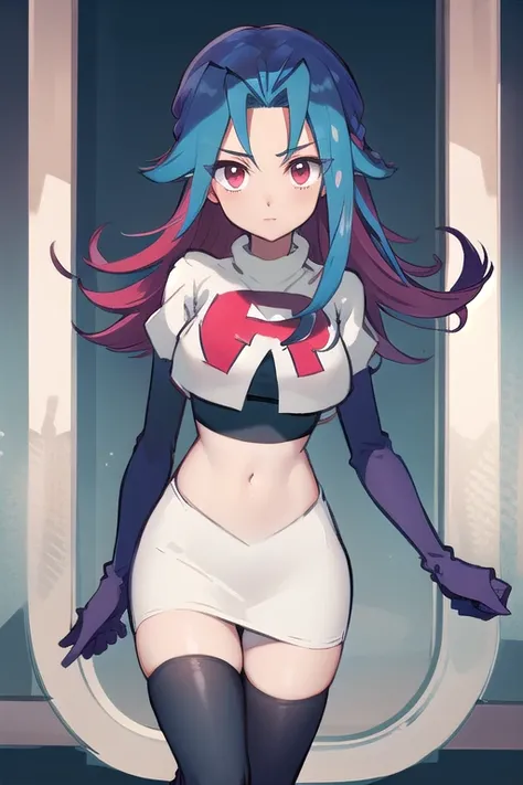 masterpiece, best quality, highres, kr1, multicolored hair, dyed bangs, team rocket,team rocket uniform,white skirt,red letter R,crop top,black thigh-highs,black elbow gloves, cowboy shot, 