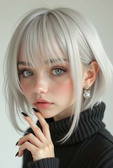 RAW photo, best quality, masterpiece, photorealistic, Polish girl, 20 years old, black hair, Light grey eyes, short bob cut, hair in 7 thirds, hair over one ear, Symmetrical eyes, pale skin, Big Breasts, rip gloss, Gel Nails, Accessories, various poses, sm...