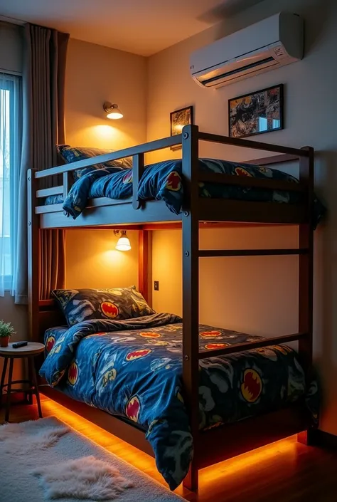 An example of a double-decker bed using Batman sheets, plus air conditioning, plus a light under the bed, beside there is a small table containing an iPhone 14 Pro Max 