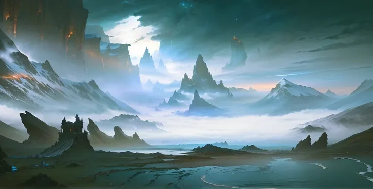 There is a painting，There is a mountain in the painting，There is a lake in the middle, Concept Art. Epic Landscapes, Epic dreamlike fantasy landscape, wlop and rhads, Concept Art wallpaper 4k, painted as a game Concept Art, Ethereal Landscape, Concept Art ...