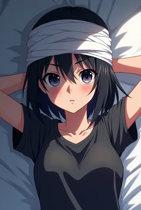 Anime girl with short black hair and her head wrapped in a bandage to avoid injury and the girl is 1 lying on the bed with her hands behind her head and looking at the surface with sharp features and wearing clothes similar to boys&#39; clothes 