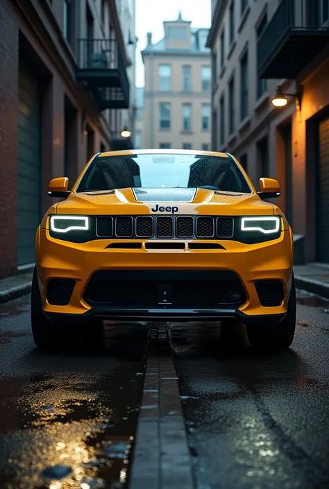 a photo realistic yellow track hawk with tented windows sitting in a alley with led head lights on 