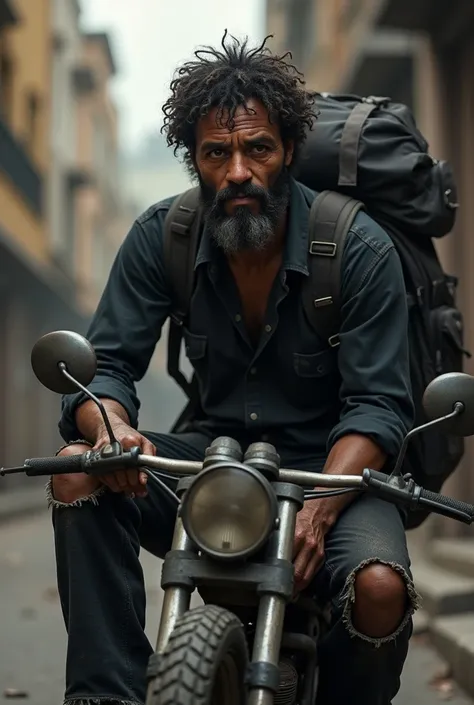 An image of a dark-skinned man with curly hair and very dirty skin and clothes looking like a homeless person, with a black shirt and torn pants, In addition to having a motorcycle and a large black backpack 