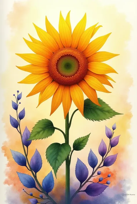 flower, sunflower ,in the style of light yellow and orange in the center, dreamy and romantic compositions, pale yellow, ethereal foliage, playful arrangements,fantasy, high contrast, ink strokes, blue little elements, explosions, over exposure, purple and...