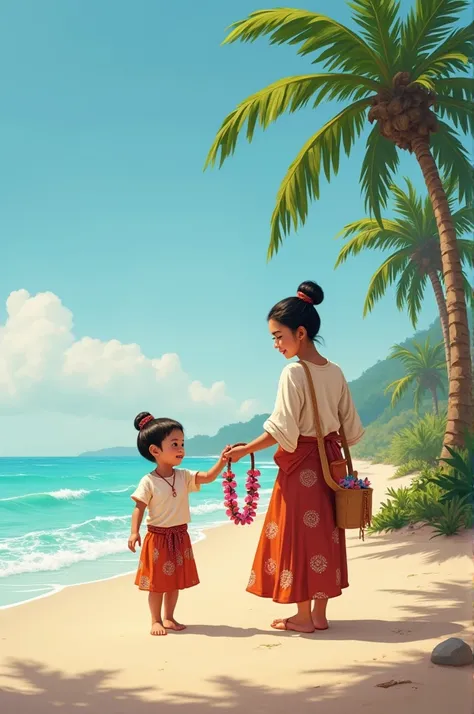  mother and child selling flower necklace near beach