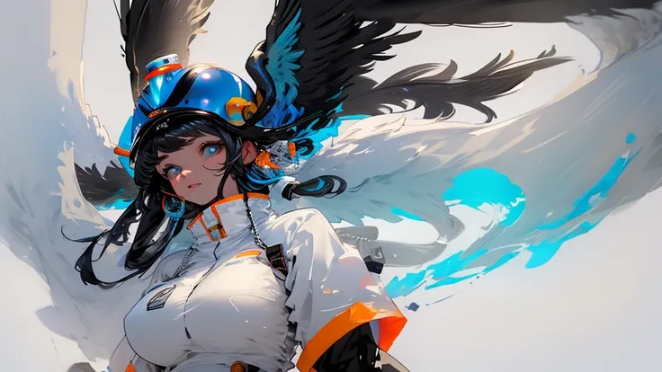 best quality, ((gigantic breasts)), black hair, Has orange wings on his head, The tips of the bangs are blue, Has black tail feathers, The tips of the bangs are blue, Has black tail feathers, wearing a black hat (helmet),