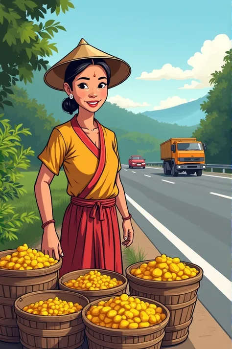 A cartoon image of 40 years old Myanmar woman selling mustard beside highway road