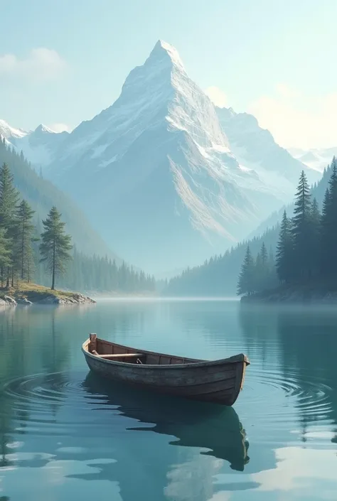 A small boat floating on a lake beside a mountain