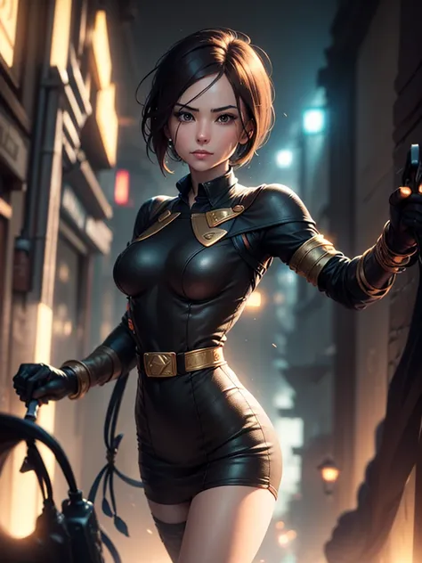 (at night), in a video game scene in the background of a beautiful city at night, raining, alone, standing looking straight ahead, military green military clothing, black gloves, semi-short hair, ((semi-short hair) short)), 1 girl, 30 years old, young woma...