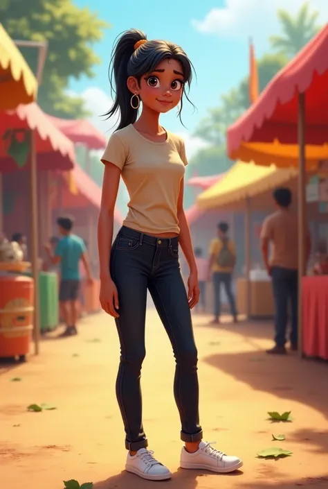 A simple indian fair young  girl wear a t shirts and black jeans white shoes long hair pony tail 